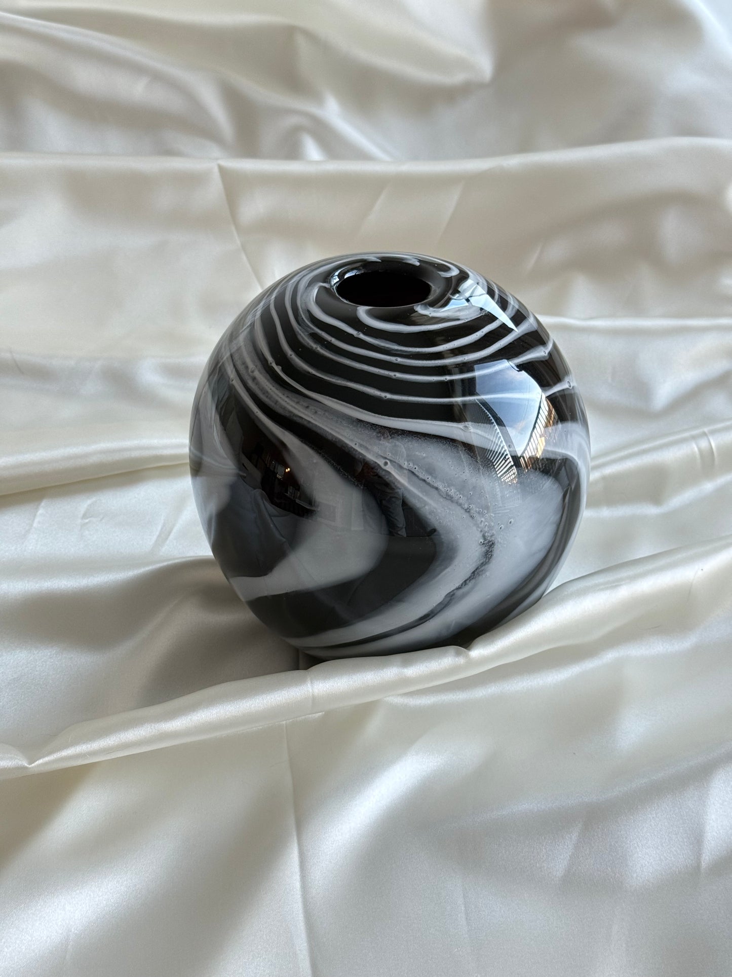 Vintage Hand-Blown Black & White Swirl Glass Vase