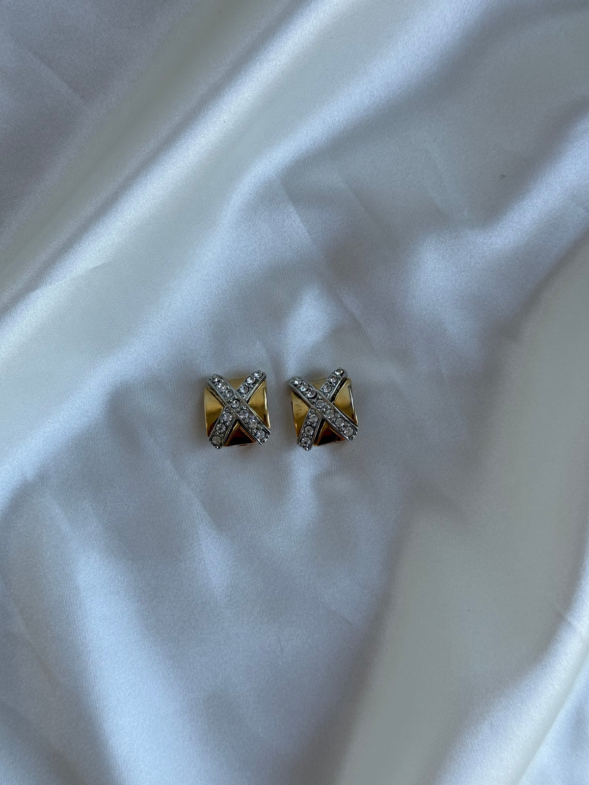 Vintage Two-Tone Rhinestone X Clip-On Earrings