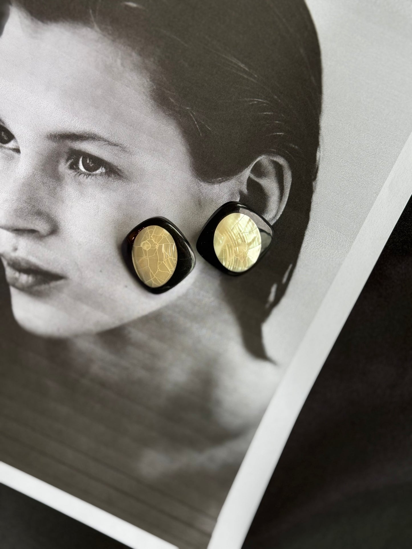 Vintage Black Stud Earrings with Mother-of-Pearl Inlay