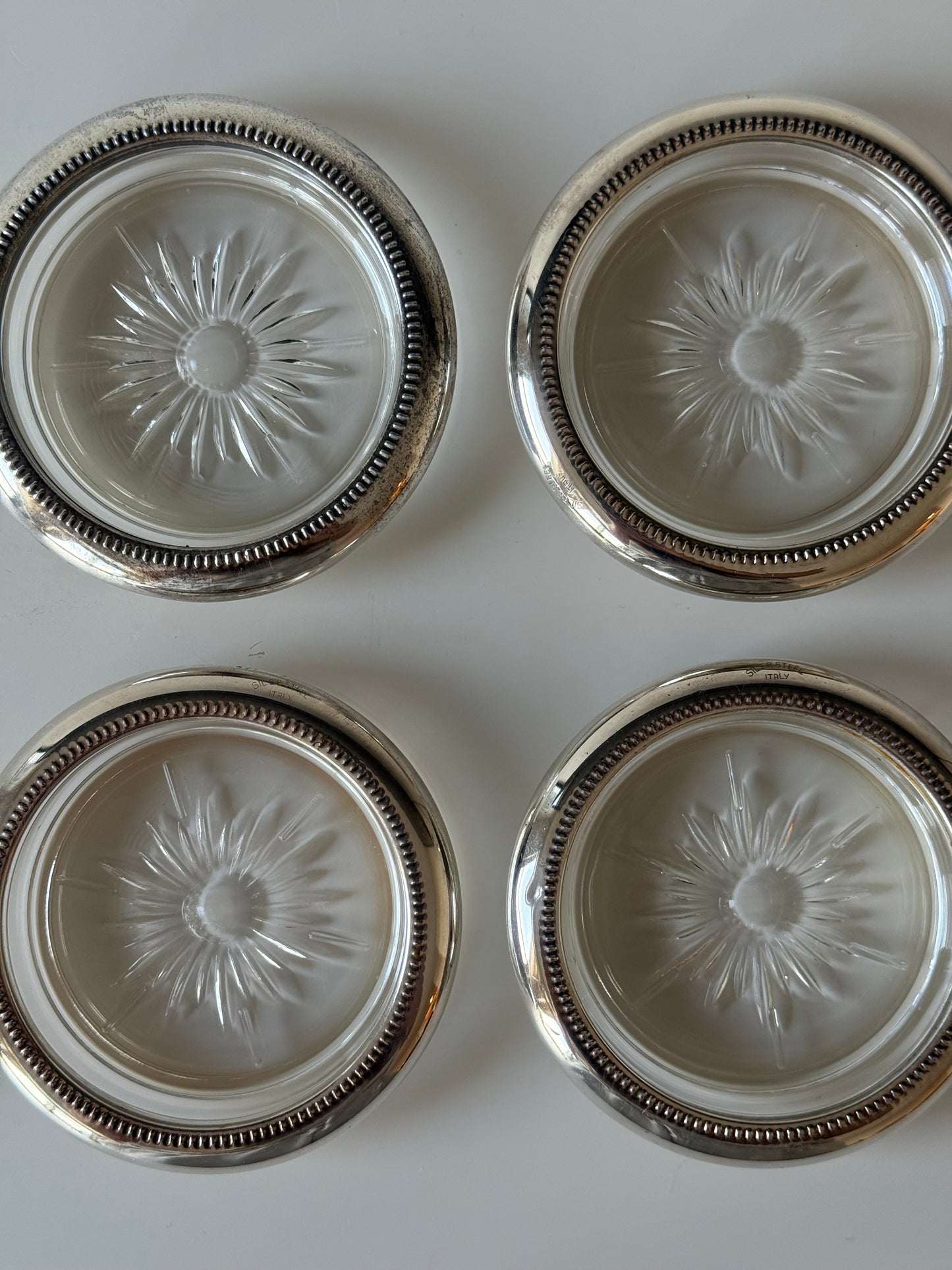Set of 4 Vintage Silver-Plated Glass Coasters — Made in Italy