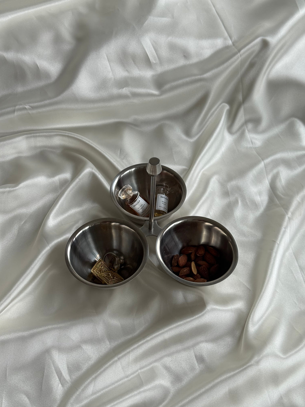 Vintage Stainless Steel Three-Bowl Condiment Server