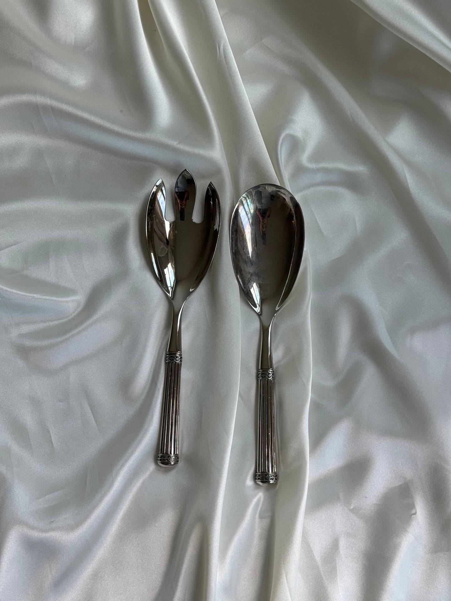 Vintage Silver-Plated Ribbed Handle Salad Serving Set