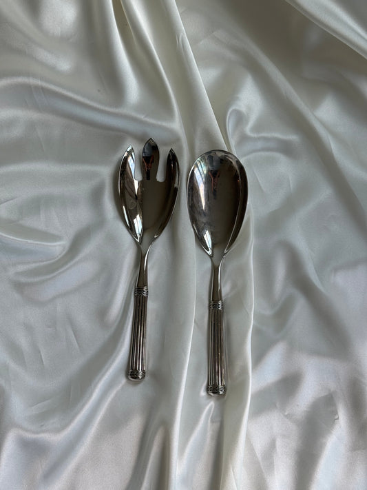 Vintage Silver-Plated Ribbed Handle Salad Serving Set