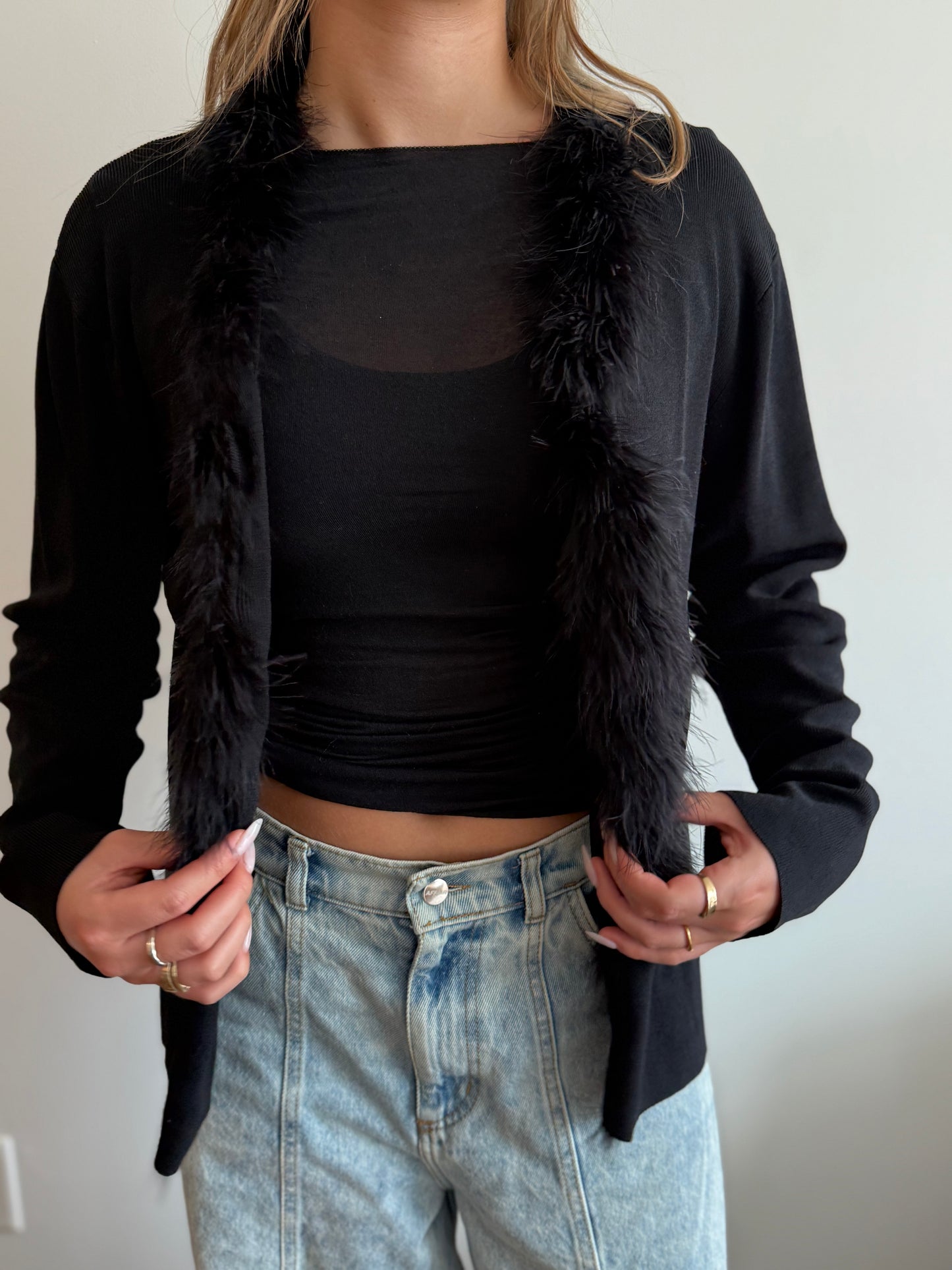 Vintage Black Feather-Trim Knit Cardigan