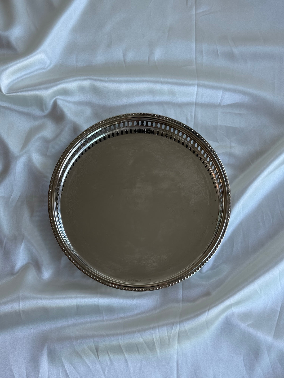 Vintage Silver Plated Round Gallery Tray – 12” Pierced Rim Vanity & Serving Tray