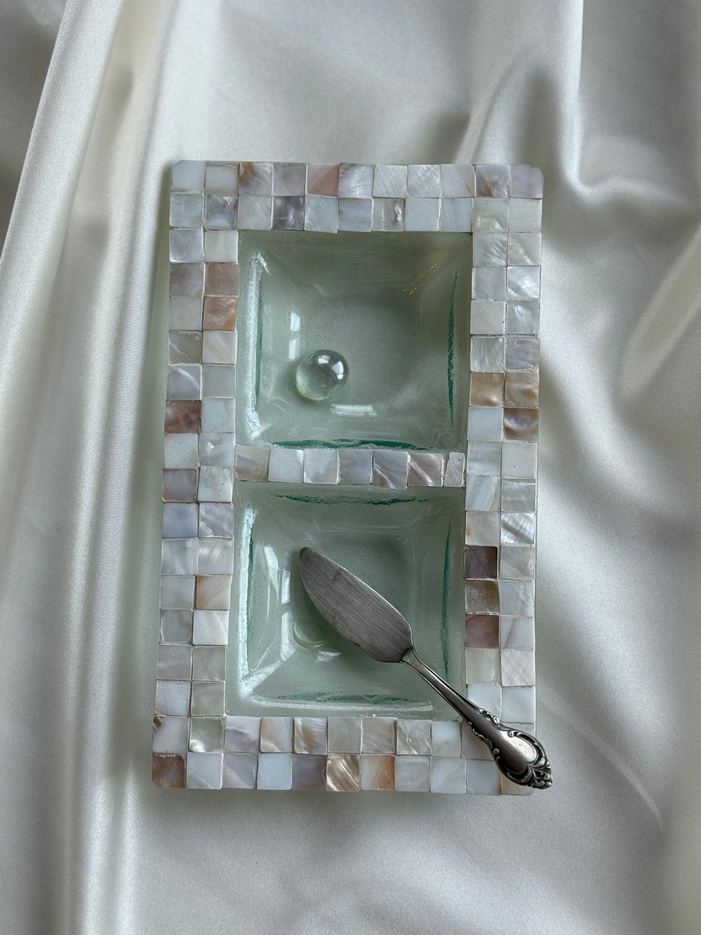 Mother-of-Pearl & Glass Dish — Two-Compartment