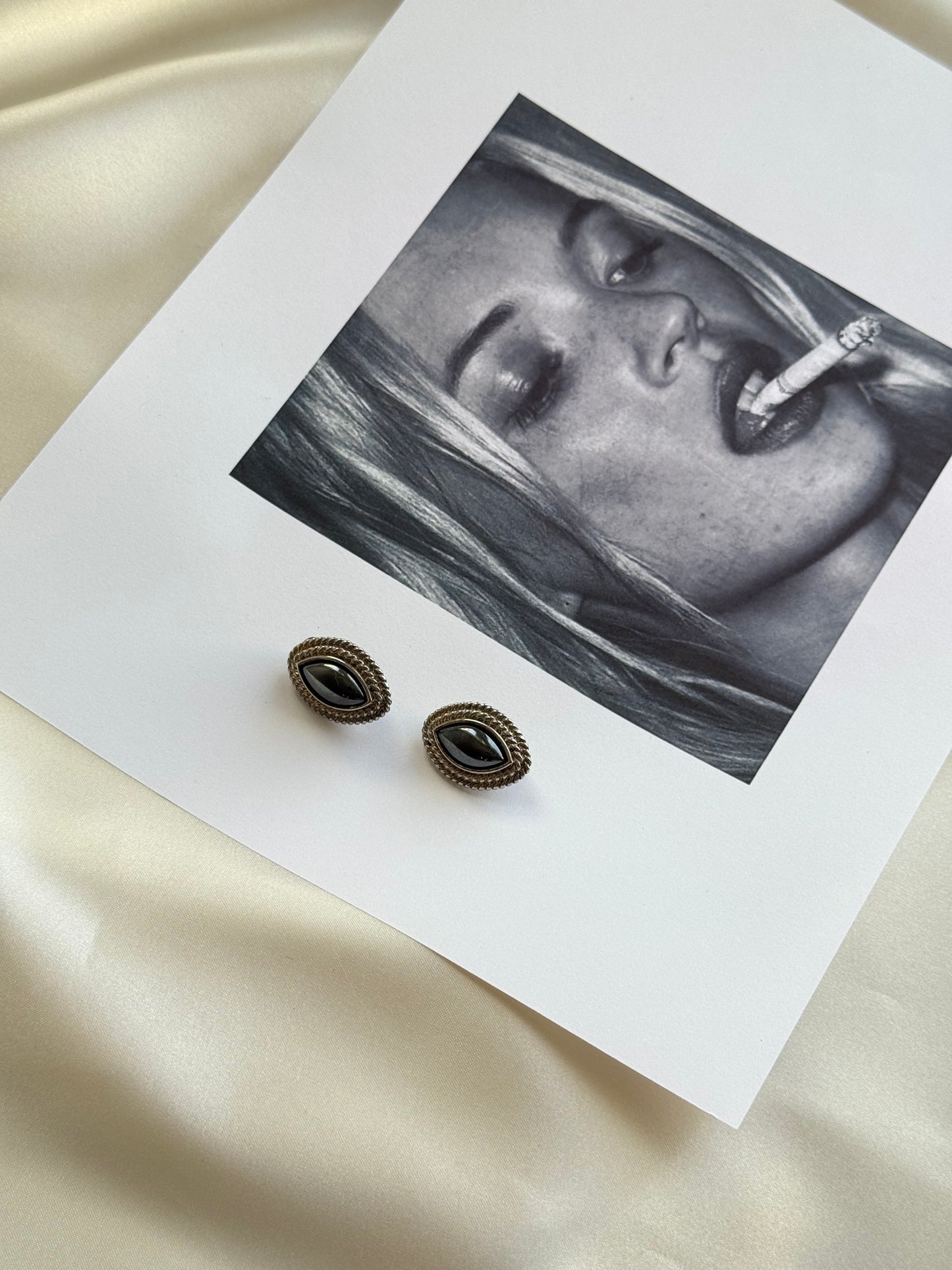 Vintage Gold-Tone & Black Cabochon Clip-On Earrings