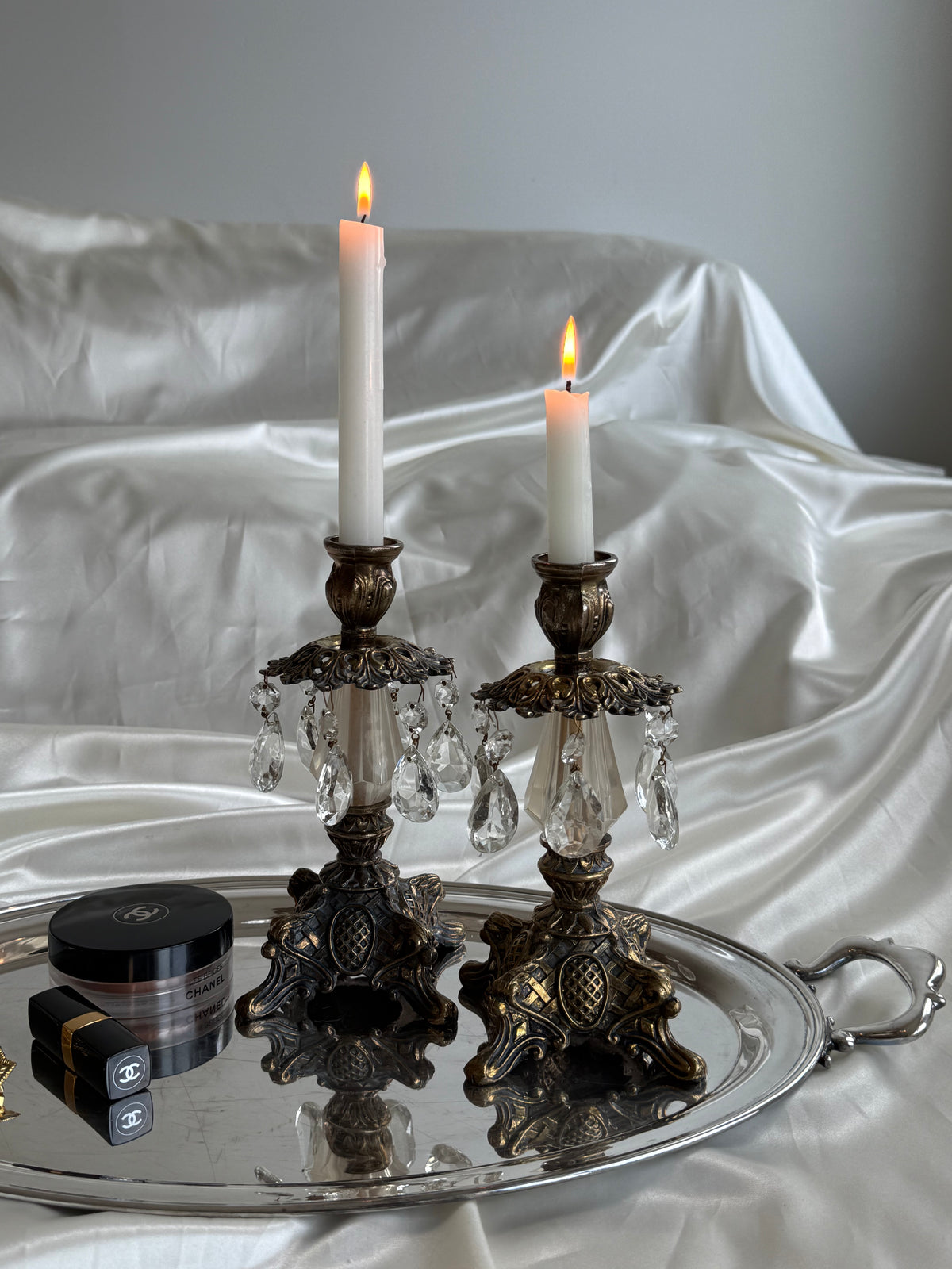 Vintage Hollywood Regency Crystal Prism Candlesticks – Pair