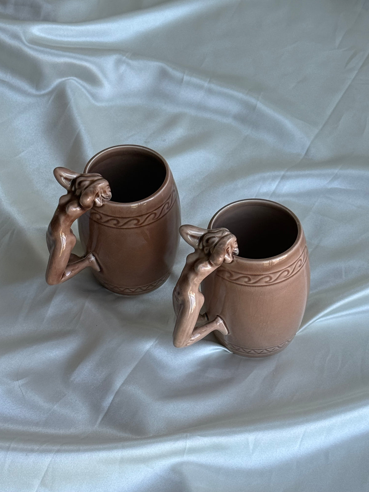 Vintage 1970s Japanese Ceramic Nude Woman Handle Mugs – Set of Two