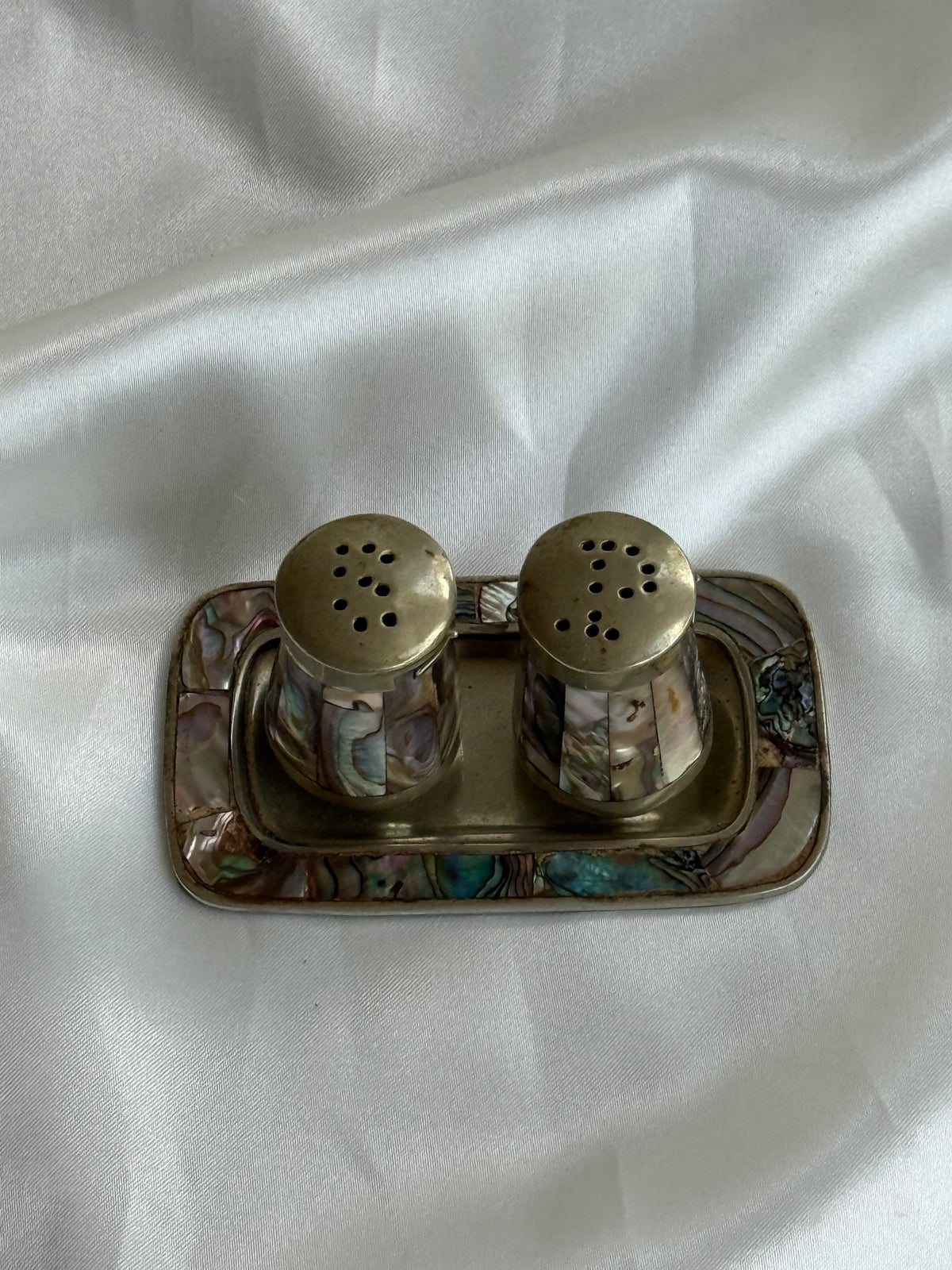 Vintage Abalone Shell Salt & Pepper Shakers with Matching Tray