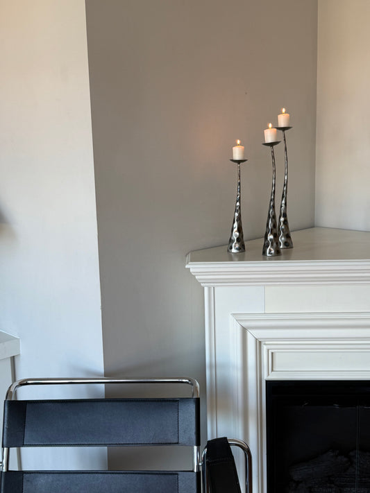 Vintage Brutalist Style Sculptural Metal Pillar Candle Holders – Set of Three