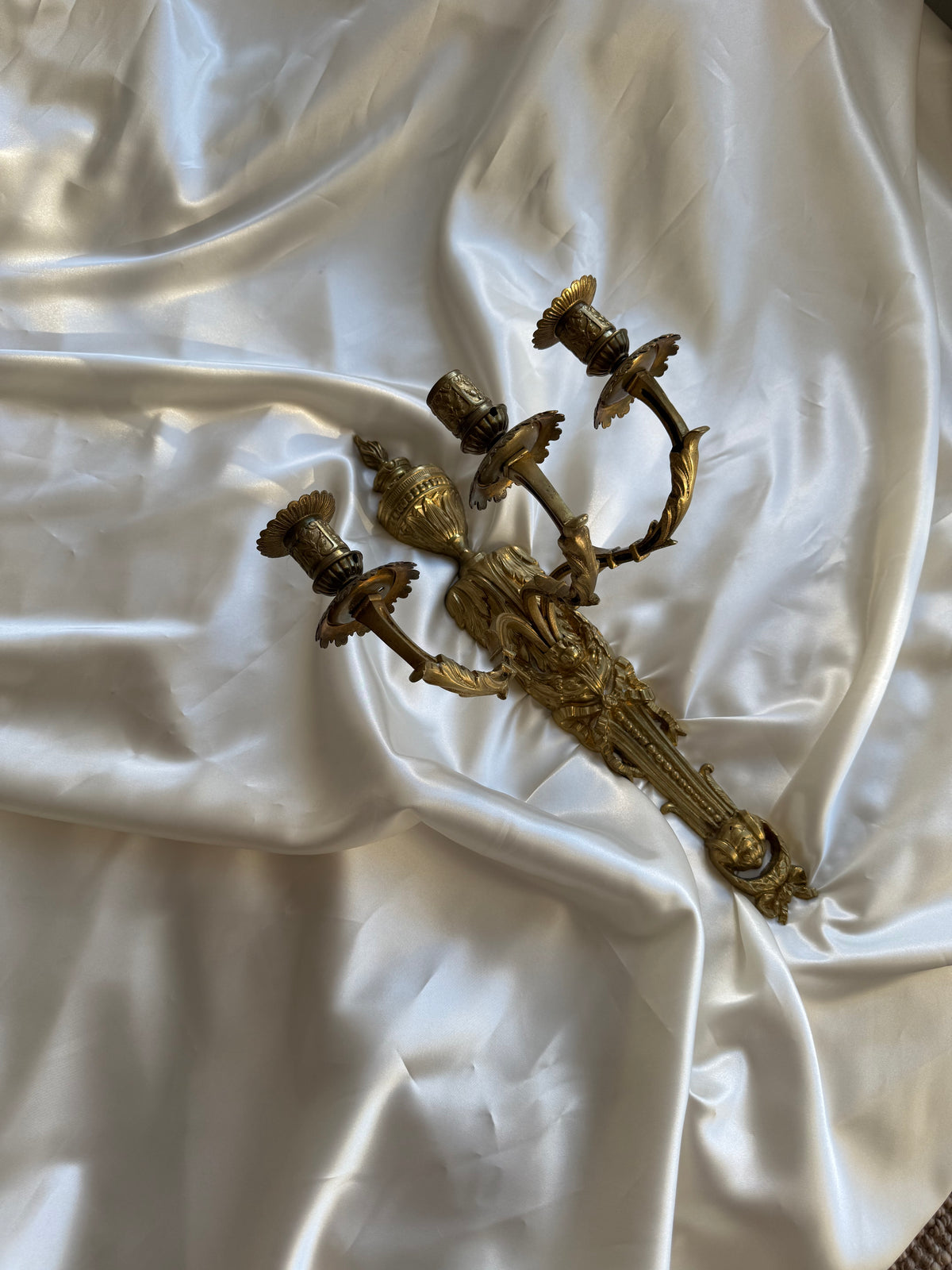 Antique French Solid Brass Three-Arm Wall Sconce, Louis XVI Revival