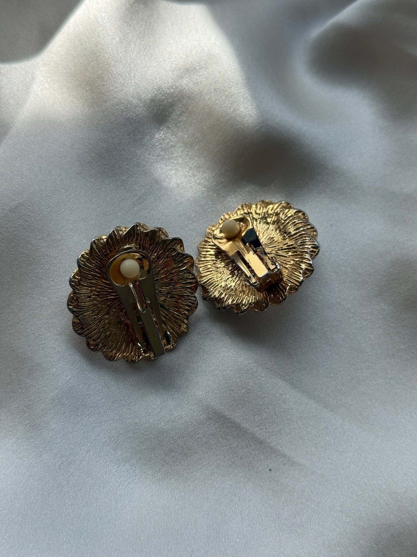 Vintage Gold-Tone Clip-On Earrings with Faux Pearl & Black Enamel Detail