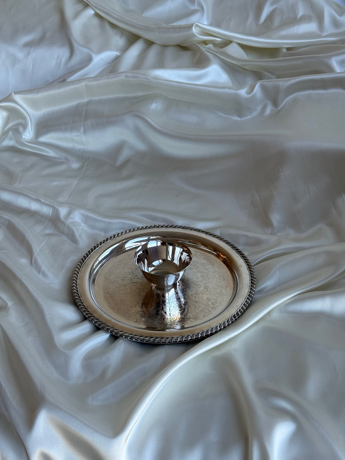 Vintage Silver-Plated Serving Tray with Central Dip Bowl