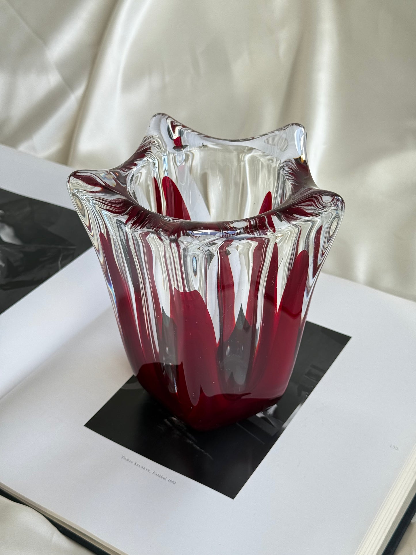Vintage Murano Style Art Glass Vase – Red & Clear Sculptural Form
