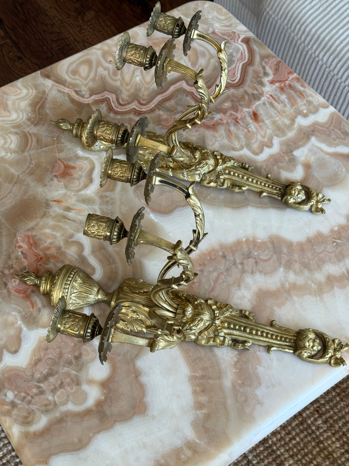 Antique French Solid Brass Three-Arm Wall Sconce, Louis XVI Revival