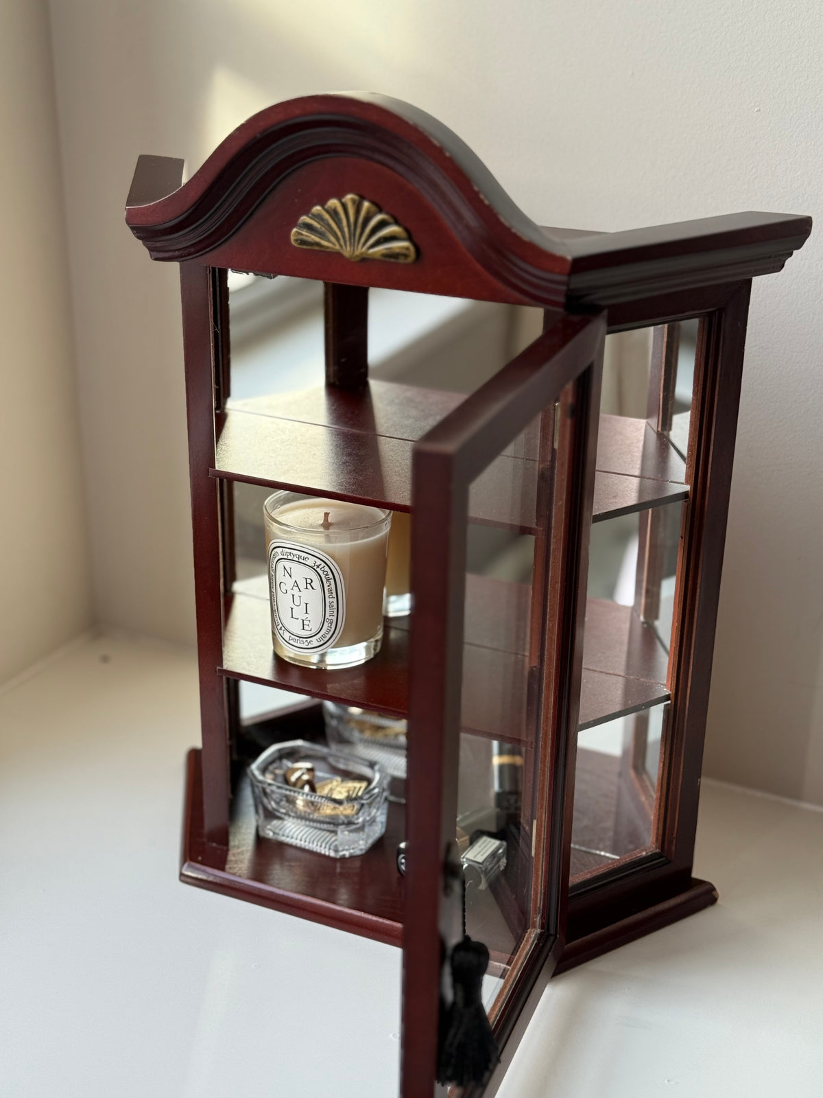 Vintage Mahogany Glass Curio Cabinet with Mirrored Back