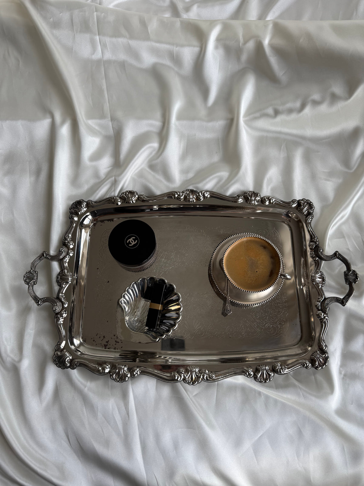 Vintage Ornate Silver-Plated Serving Tray with Handles