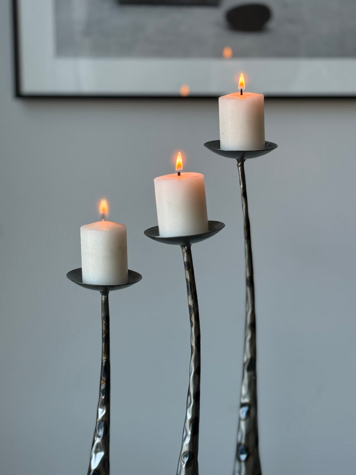 Vintage Brutalist Style Sculptural Metal Pillar Candle Holders – Set of Three