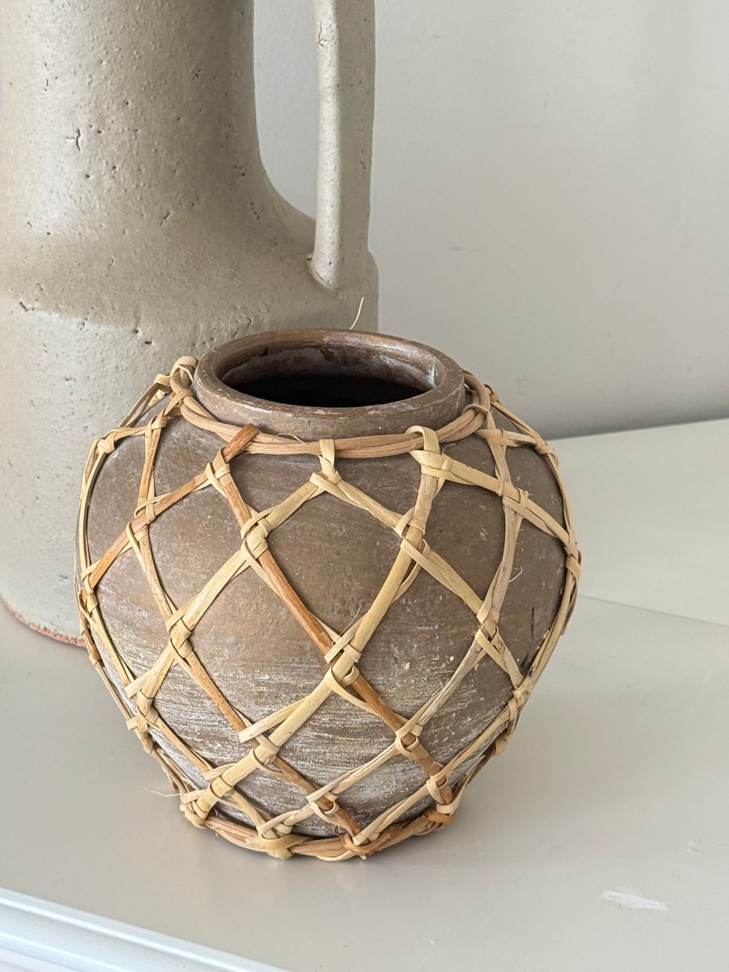 Hand-Woven Rattan Wrapped Terracotta Vase