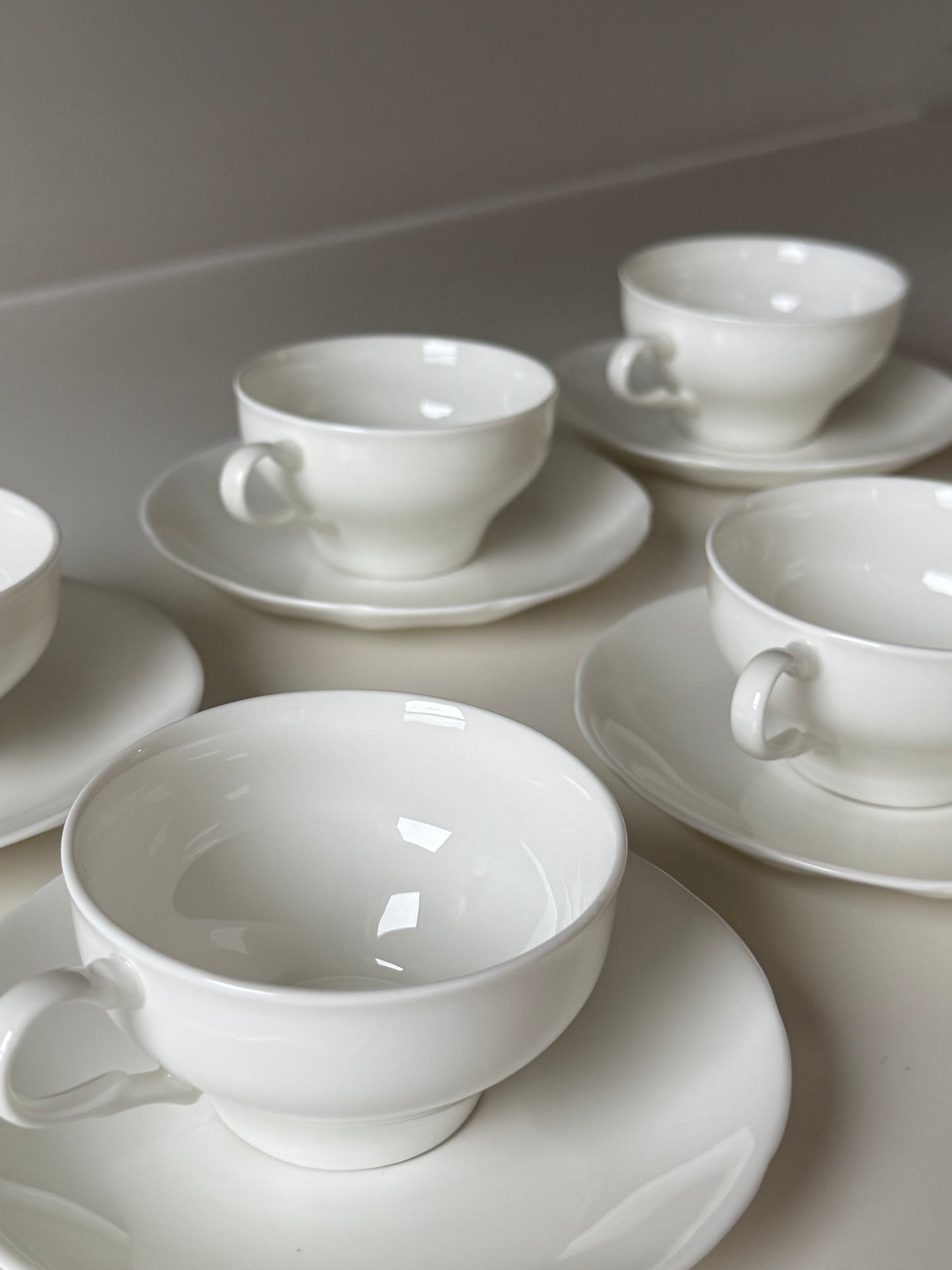 Set of 6 White Porcelain Cups & Saucers