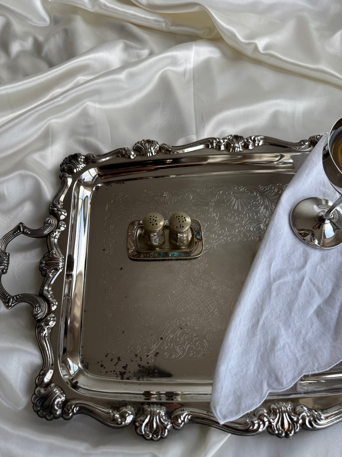 Vintage Abalone Shell Salt & Pepper Shakers with Matching Tray