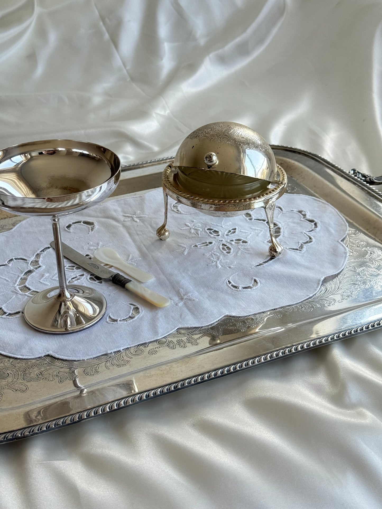 Vintage English Silver Plated Caviar Server with Frosted Glass Insert & Mother of Pearl Spoon
