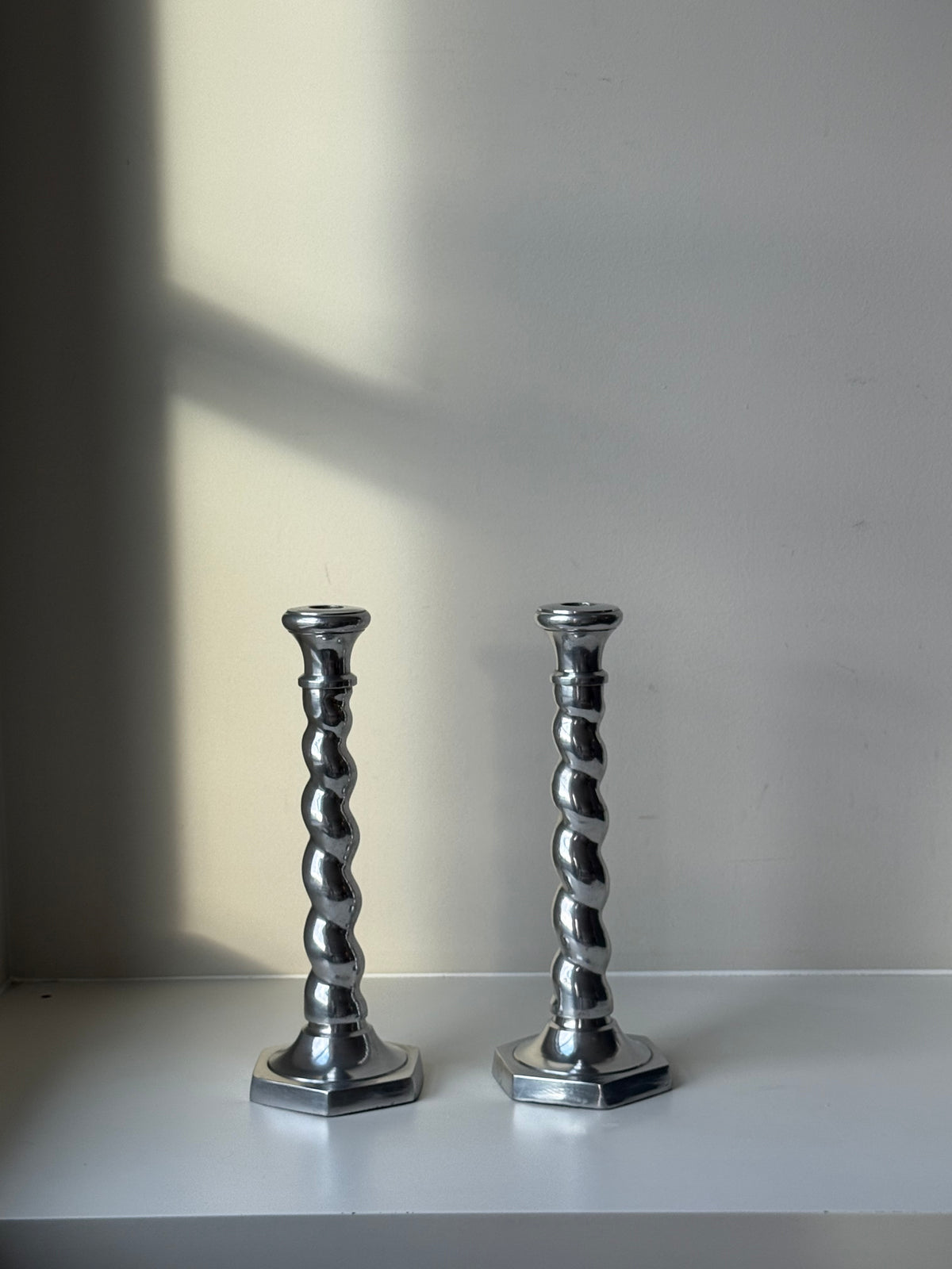Pair of Vintage Postmodern Silver-Tone Barley Twist Candlesticks