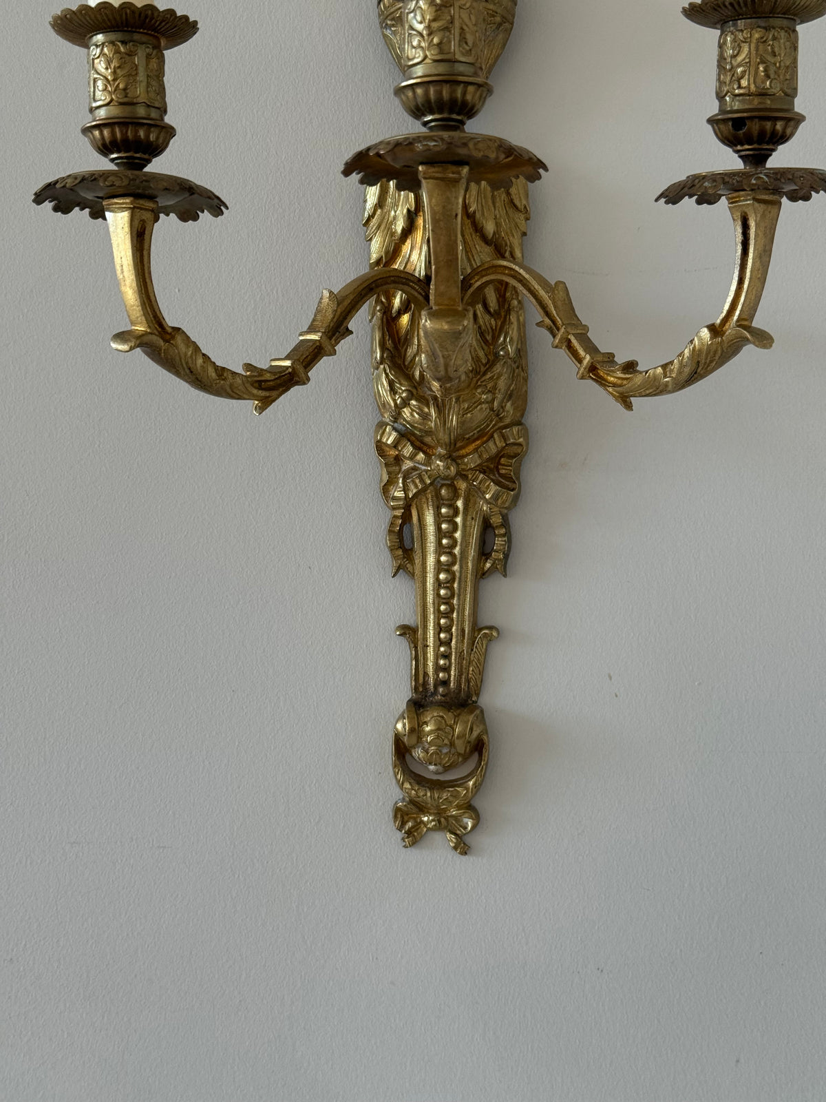 Antique French Solid Brass Three-Arm Wall Sconce, Louis XVI Revival