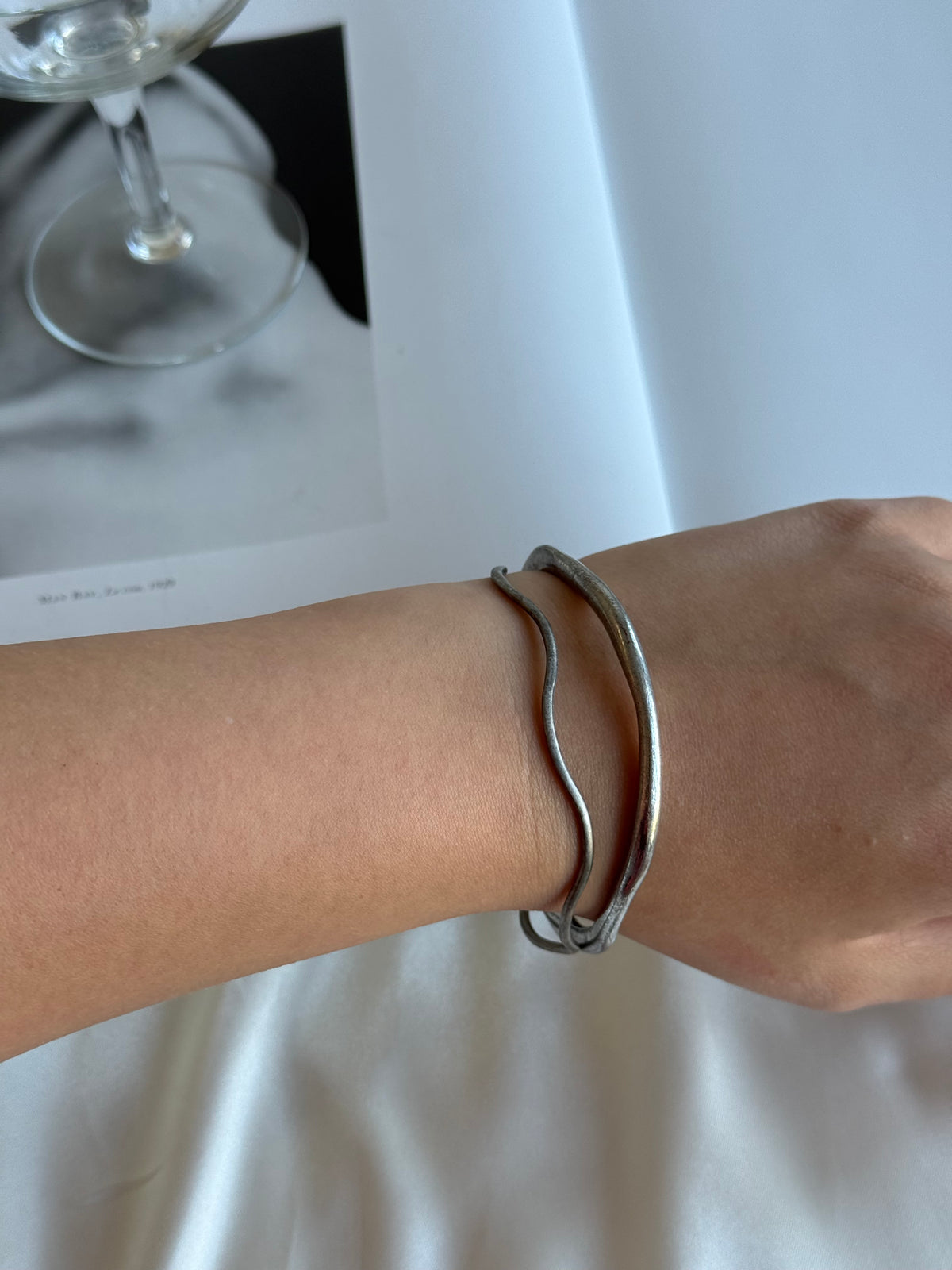 Vintage Silver-Toned Sculptural Bangle Set — Pair