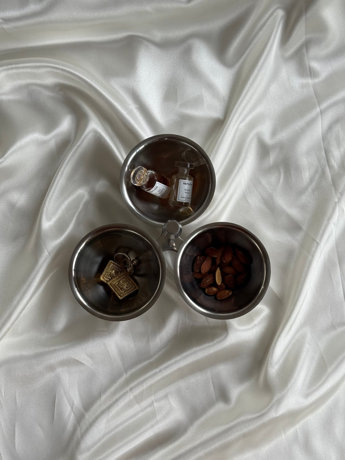 Vintage Stainless Steel Three-Bowl Condiment Server
