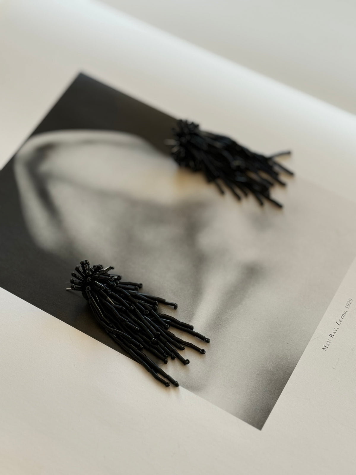 Vintage Black Bugle Bead Fringe Statement Earrings
