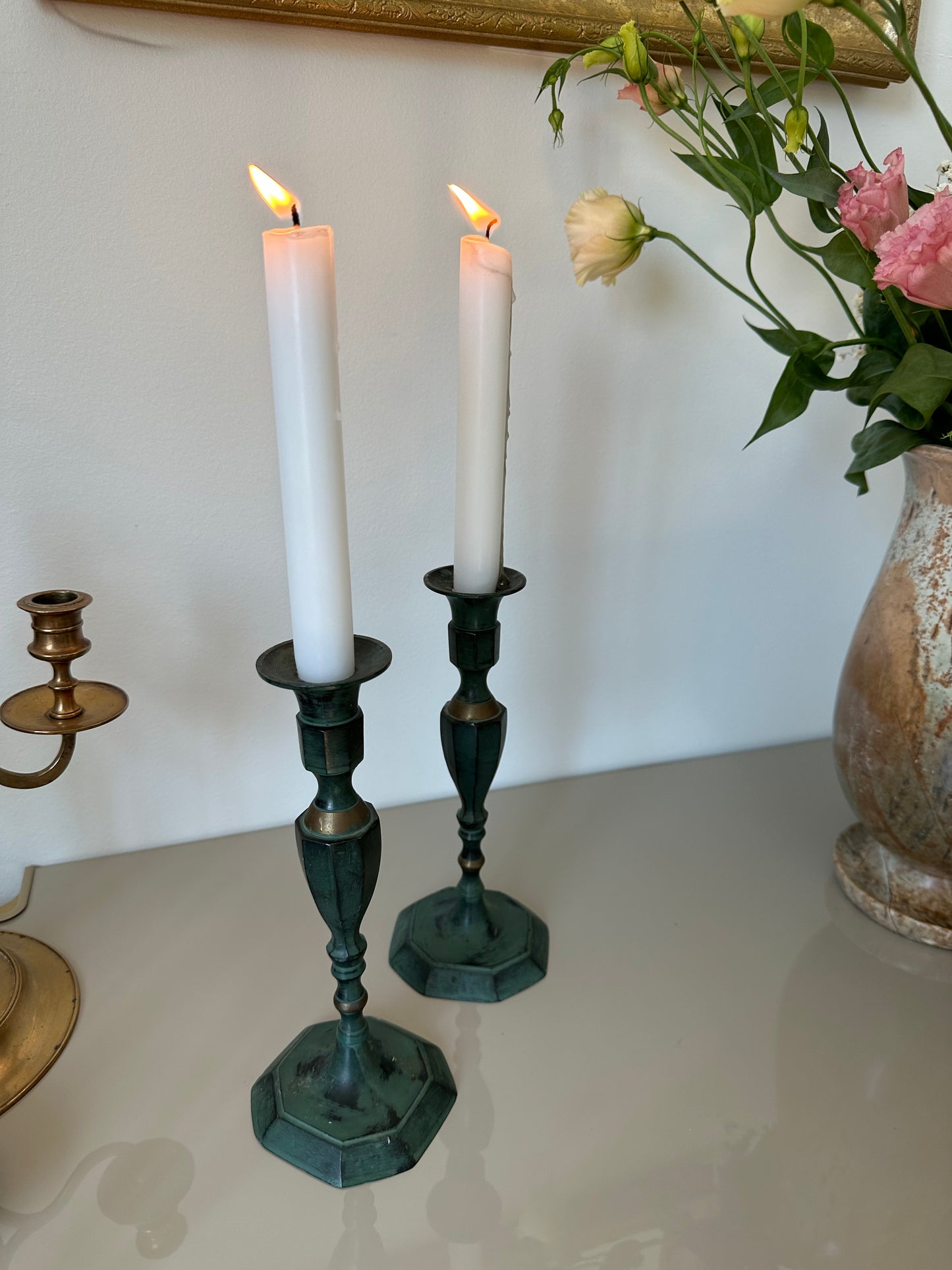 Vintage brass patina candleholders