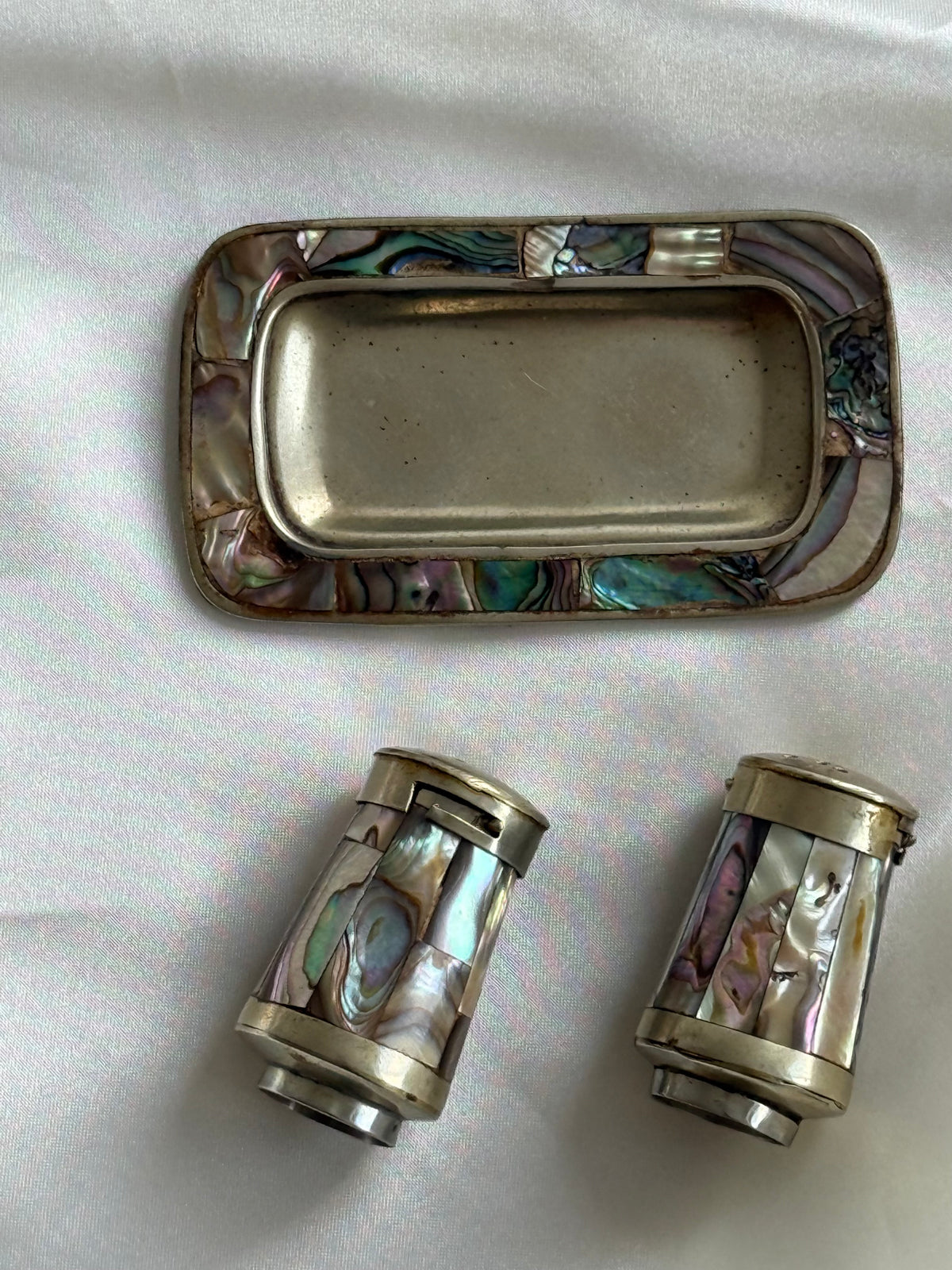 Vintage Abalone Shell Salt & Pepper Shakers with Matching Tray