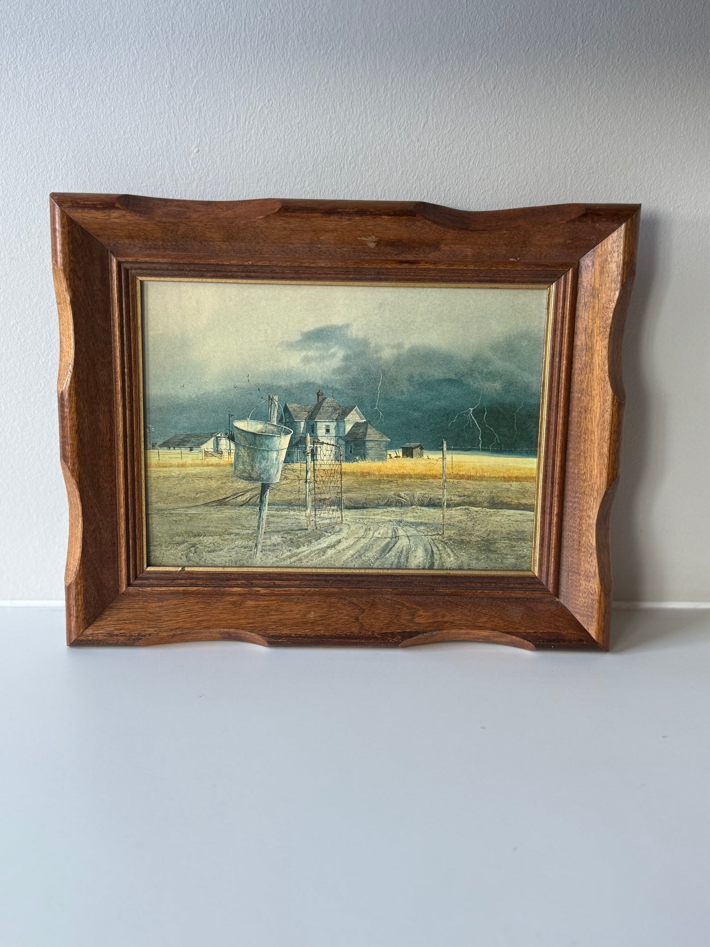 Pair of Vintage Framed Art Prints – Rustic Farm Landscape & Abstract Miniature