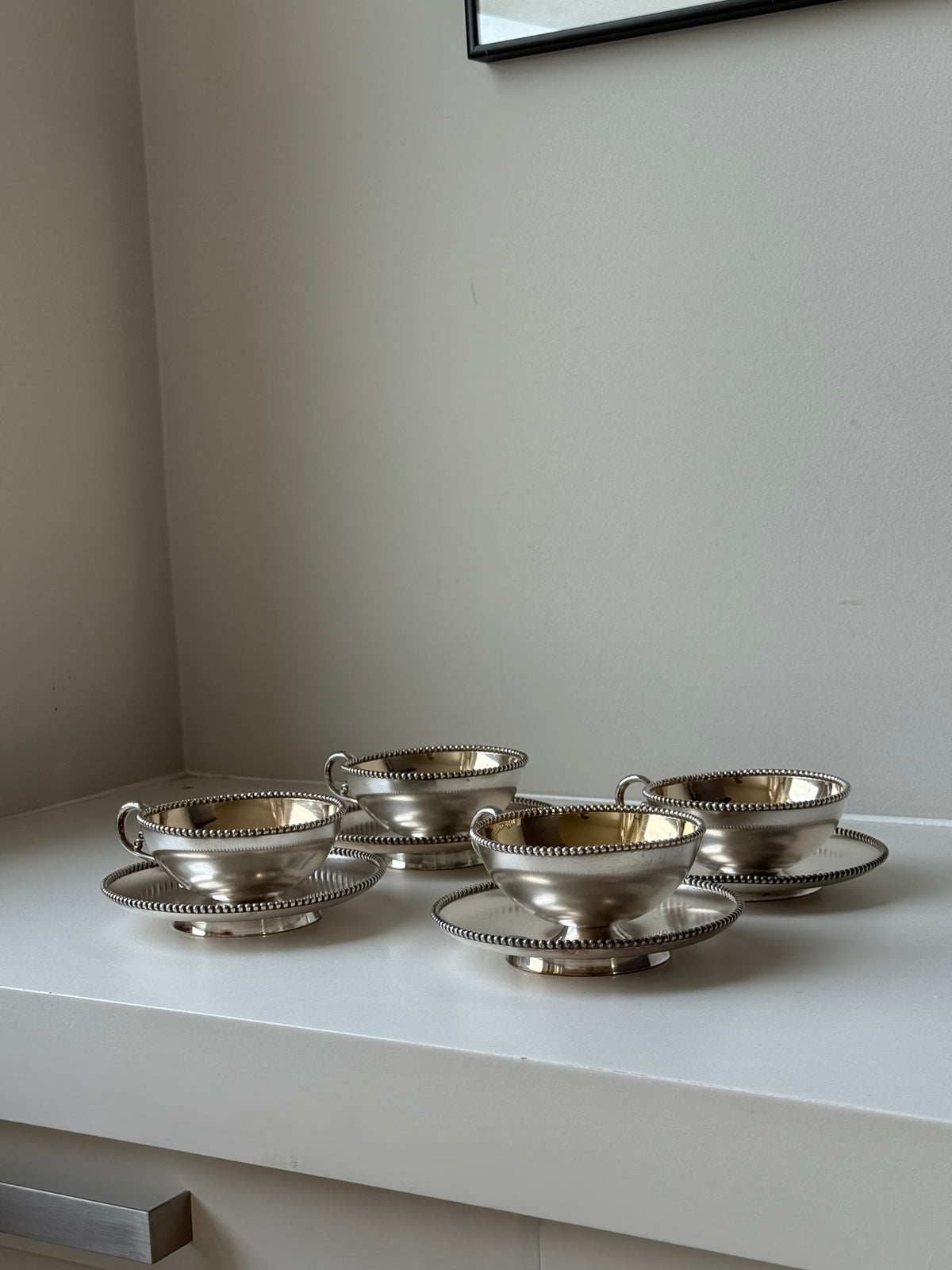 Vintage Meriden Company Silver-Plated Teacups & Saucers – Set of Four