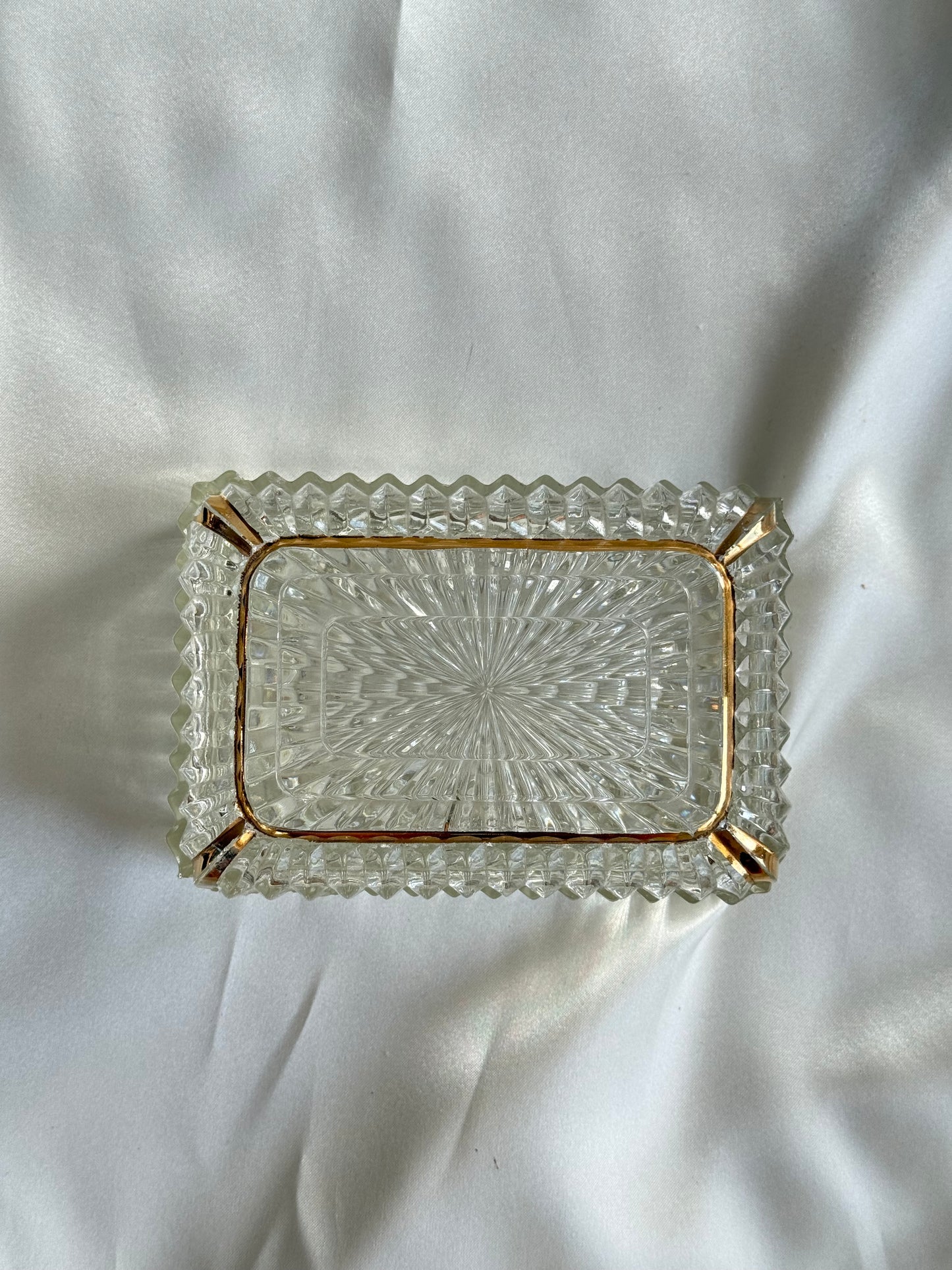 Vintage Pressed Glass Cigarette Box with Gold plated Trim