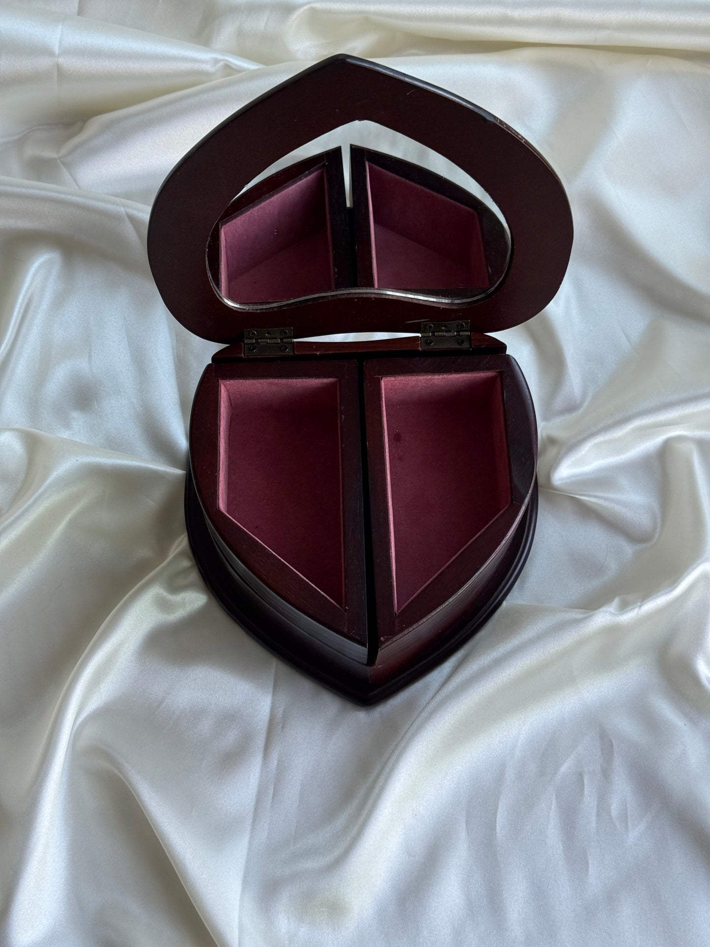 Vintage Heart-Shaped Wooden Jewelry Box with Mirror