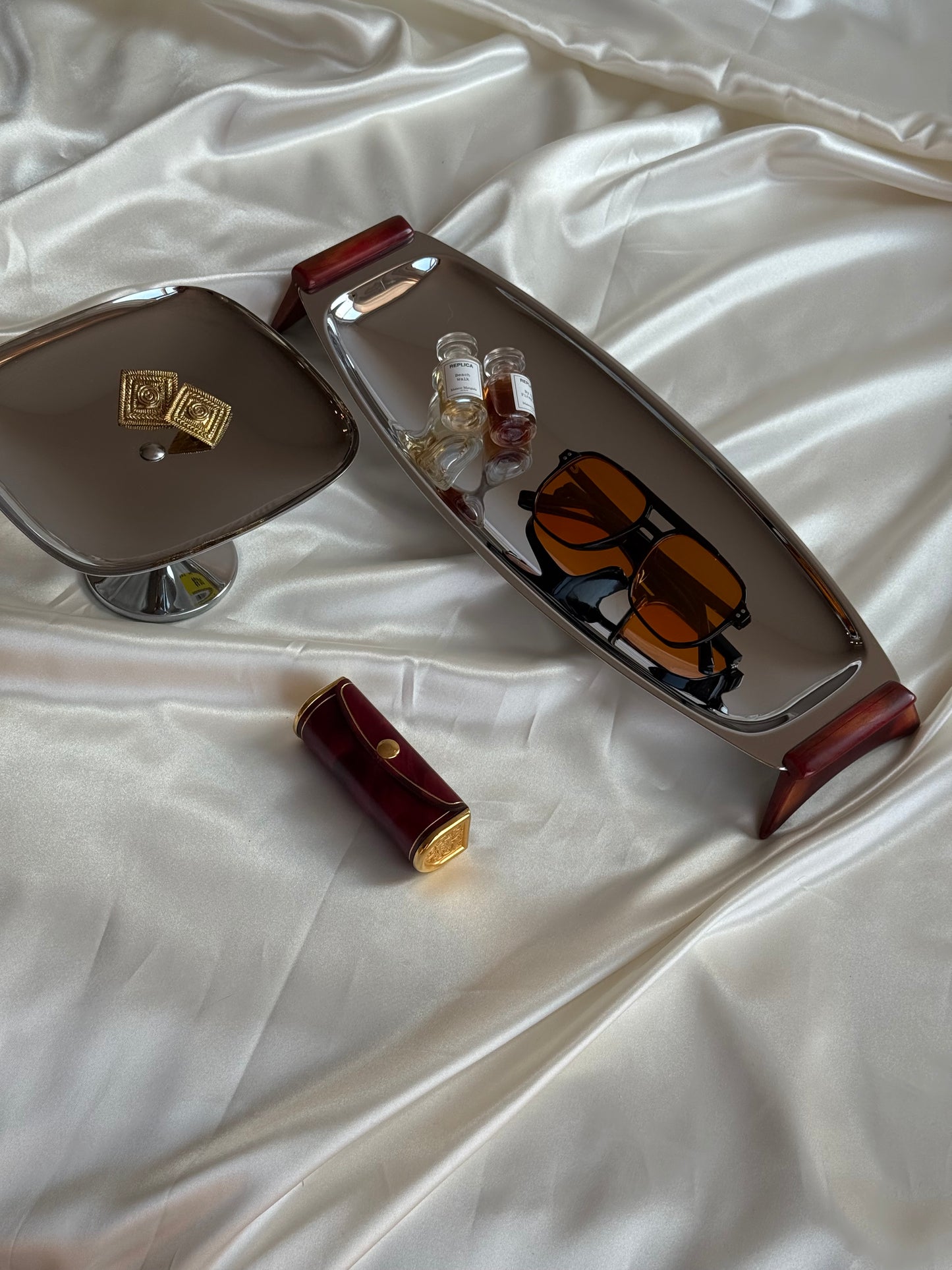 Vintage MCM-Style Chrome Serving Set with Tortoiseshell Accents