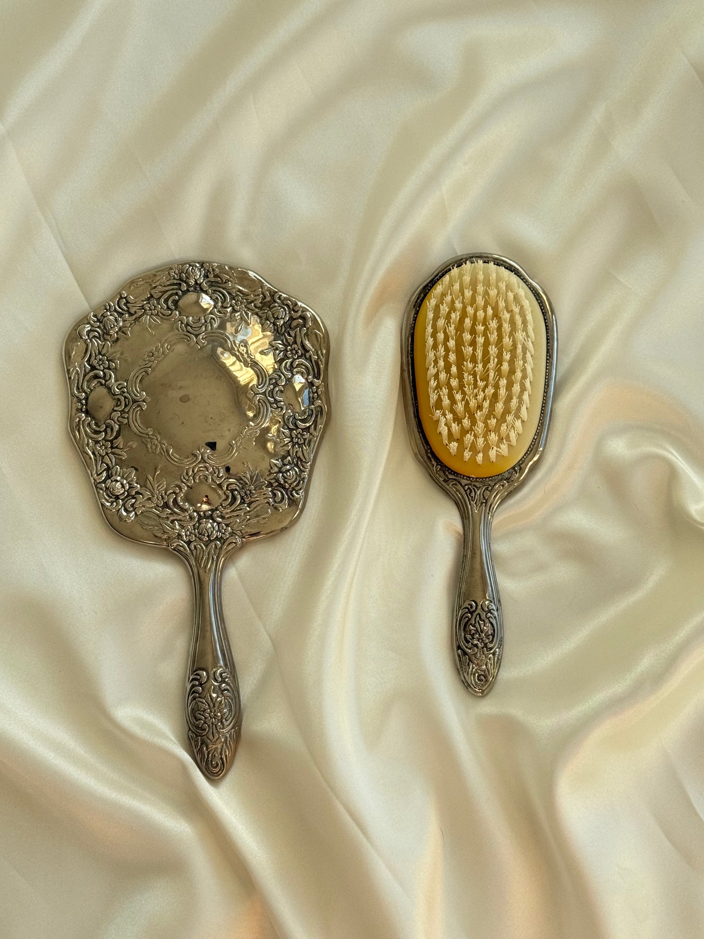 Vintage Silver-Plated Vanity Set Mirror and brush