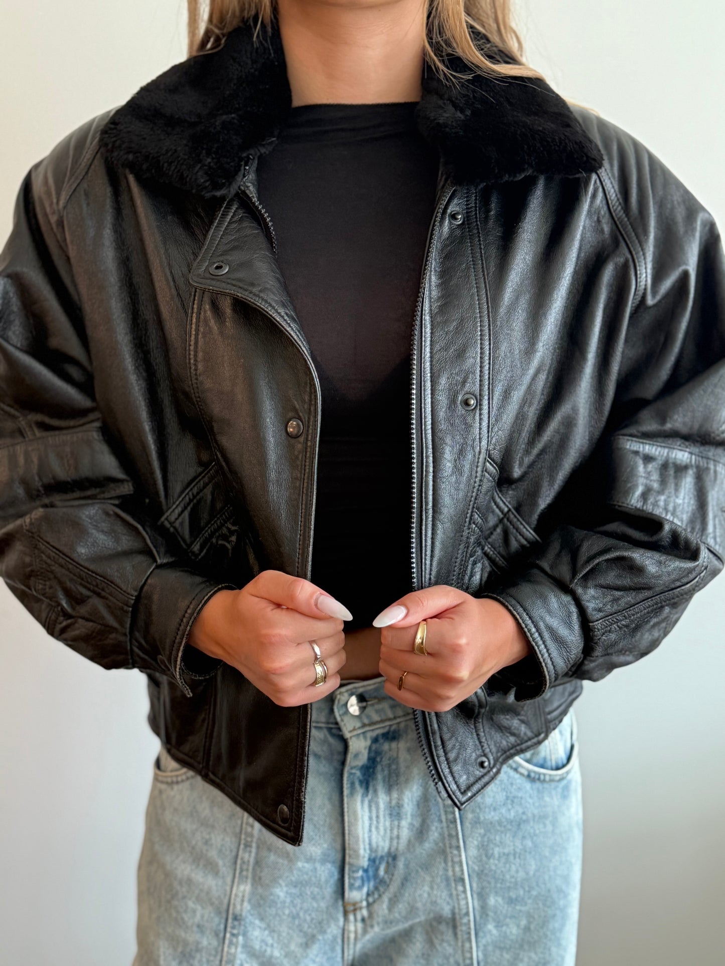 Vintage Black Leather Bomber Jacket with fur collar