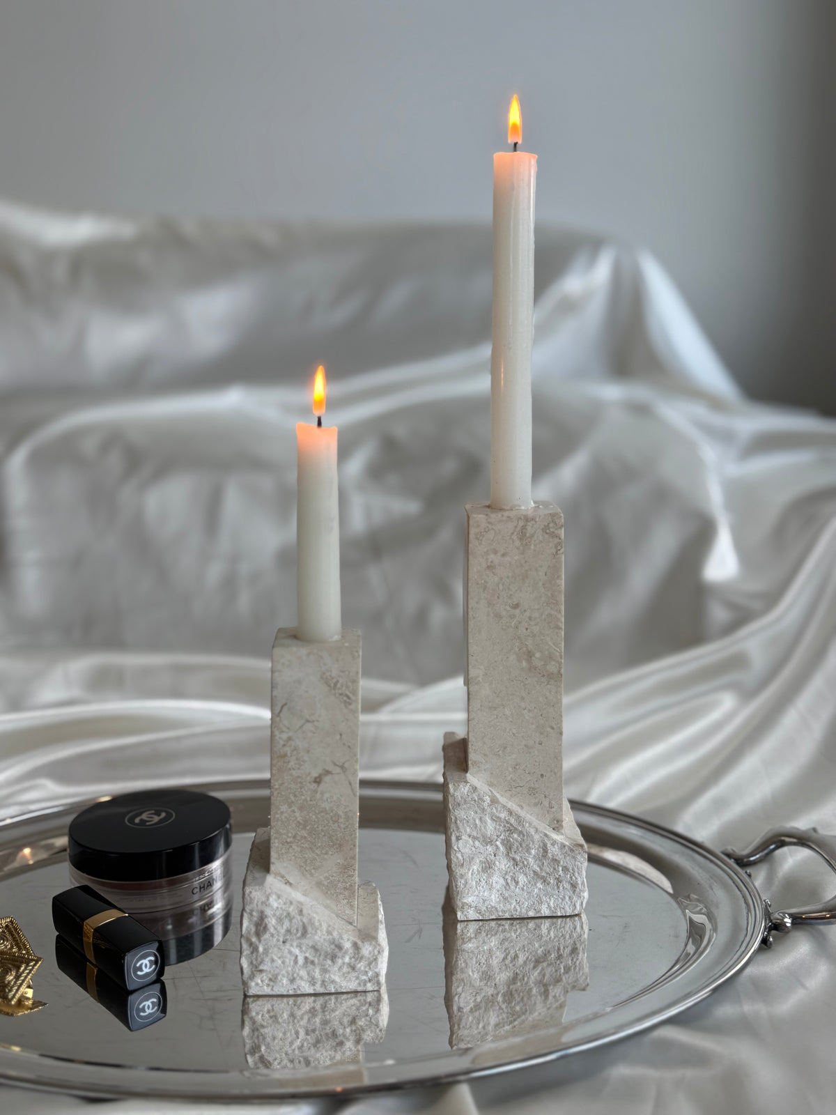 Vintage Renoir Designs Sculptural Travertine Candle Holders – Set of 2
