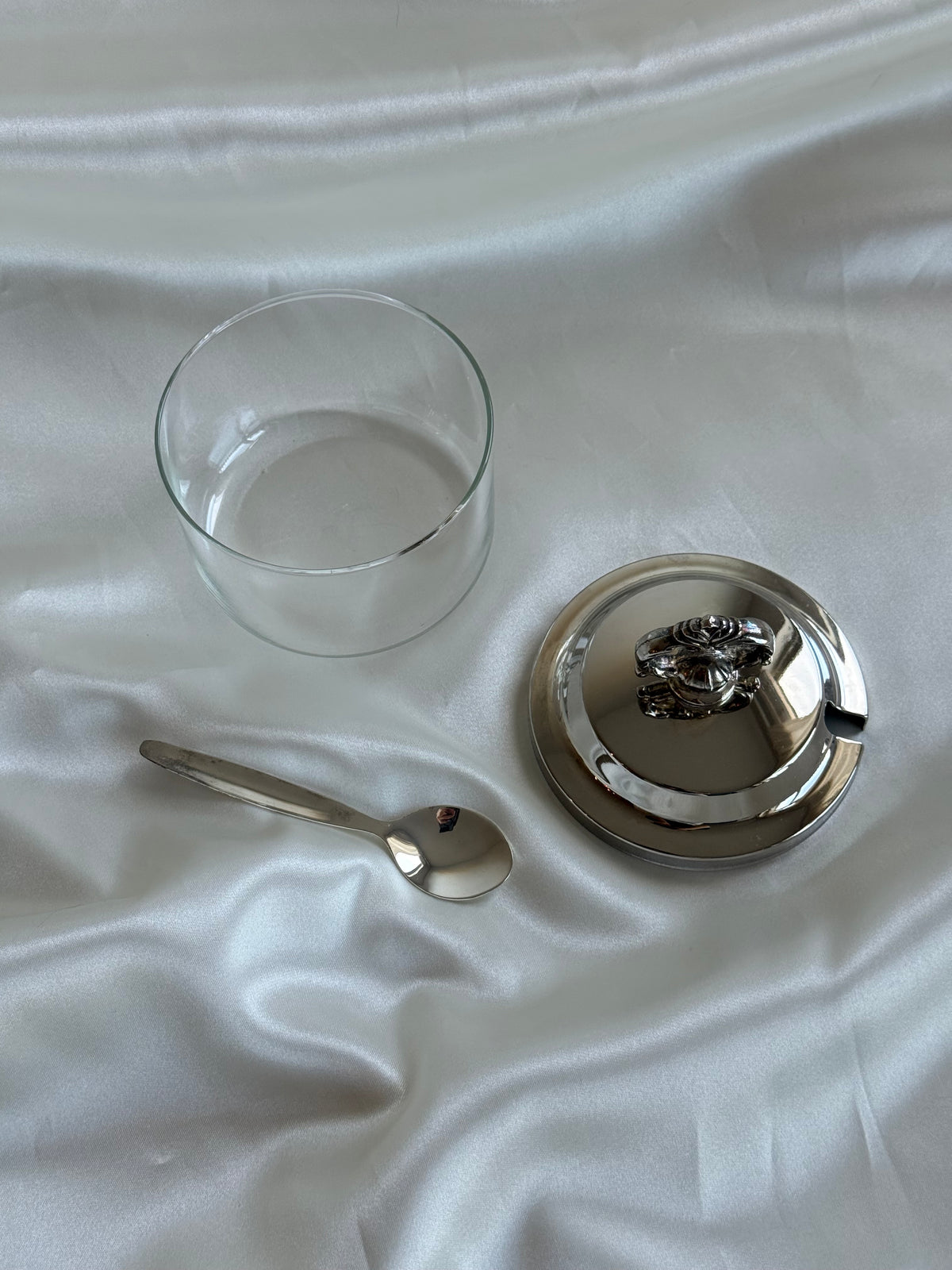 Vintage Silver Plated and Glass Condiment Jar with Ornate Lid & Spoon – Elegant Covered Serving Dish