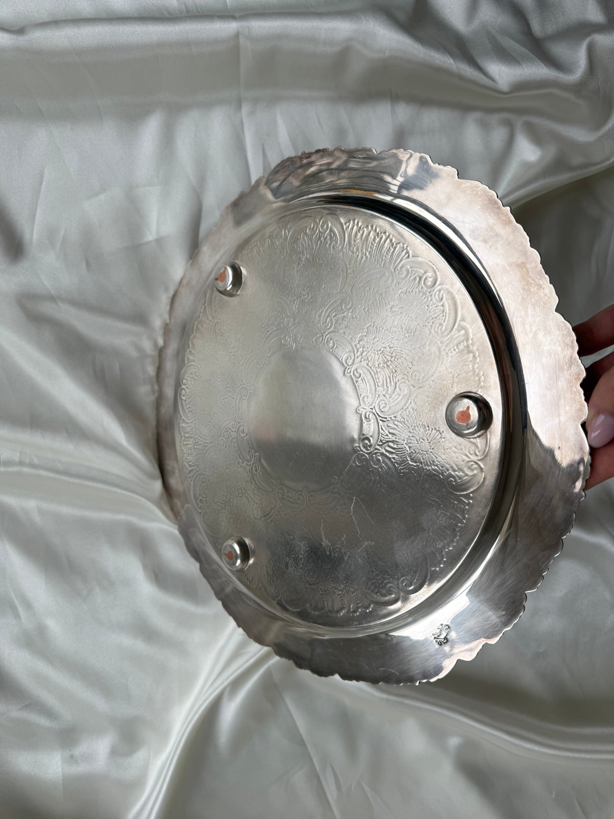 Vintage Ornate Silver-Plated Round Serving Tray | Floral Engraving