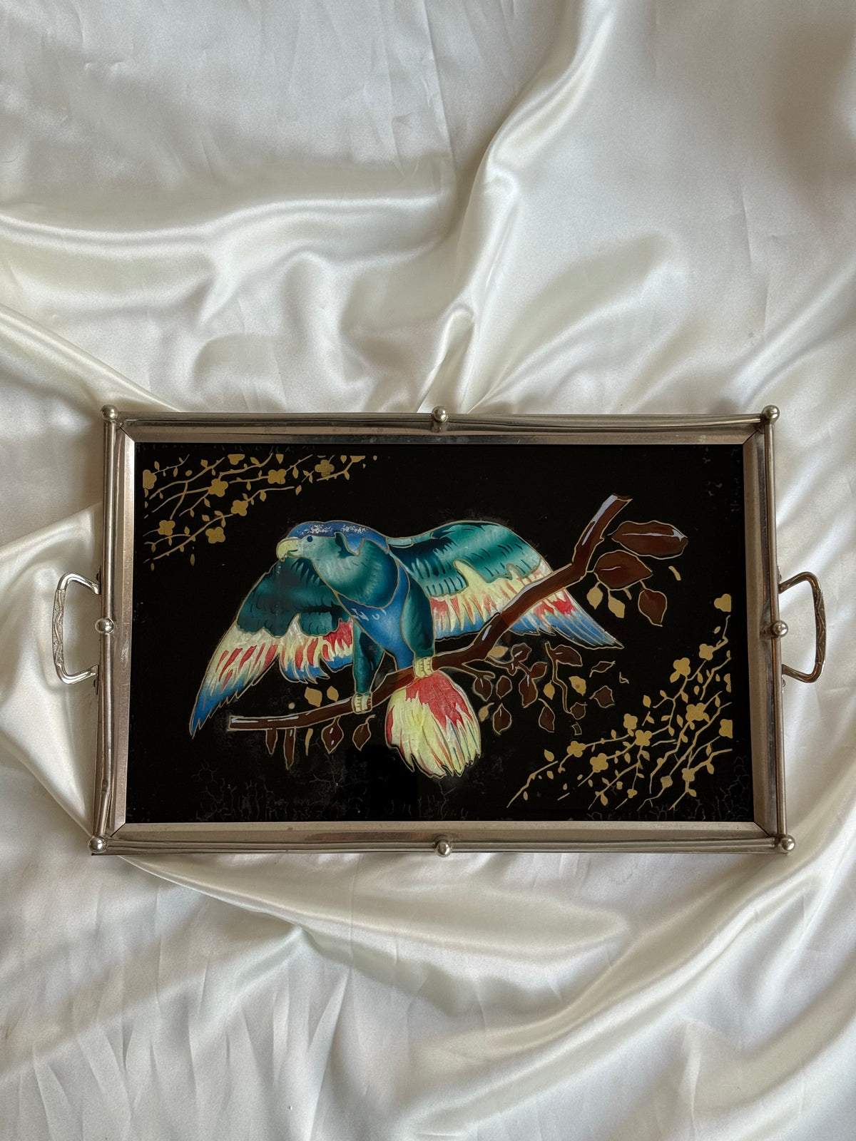 Vintage Reverse Painted Glass Serving Tray with Parrot Design