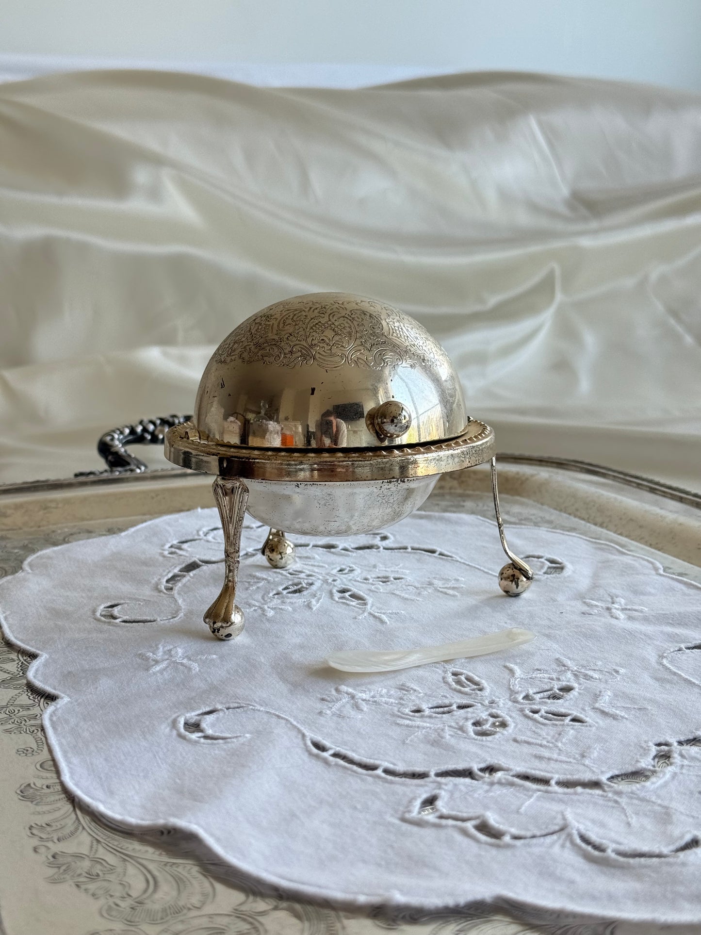Vintage English Silver Plated Caviar Server with Frosted Glass Insert & Mother of Pearl Spoon