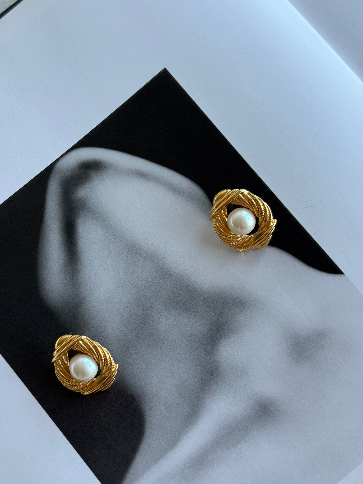 Vintage Pearl Gold-Tone Sculptural Stud Earrings