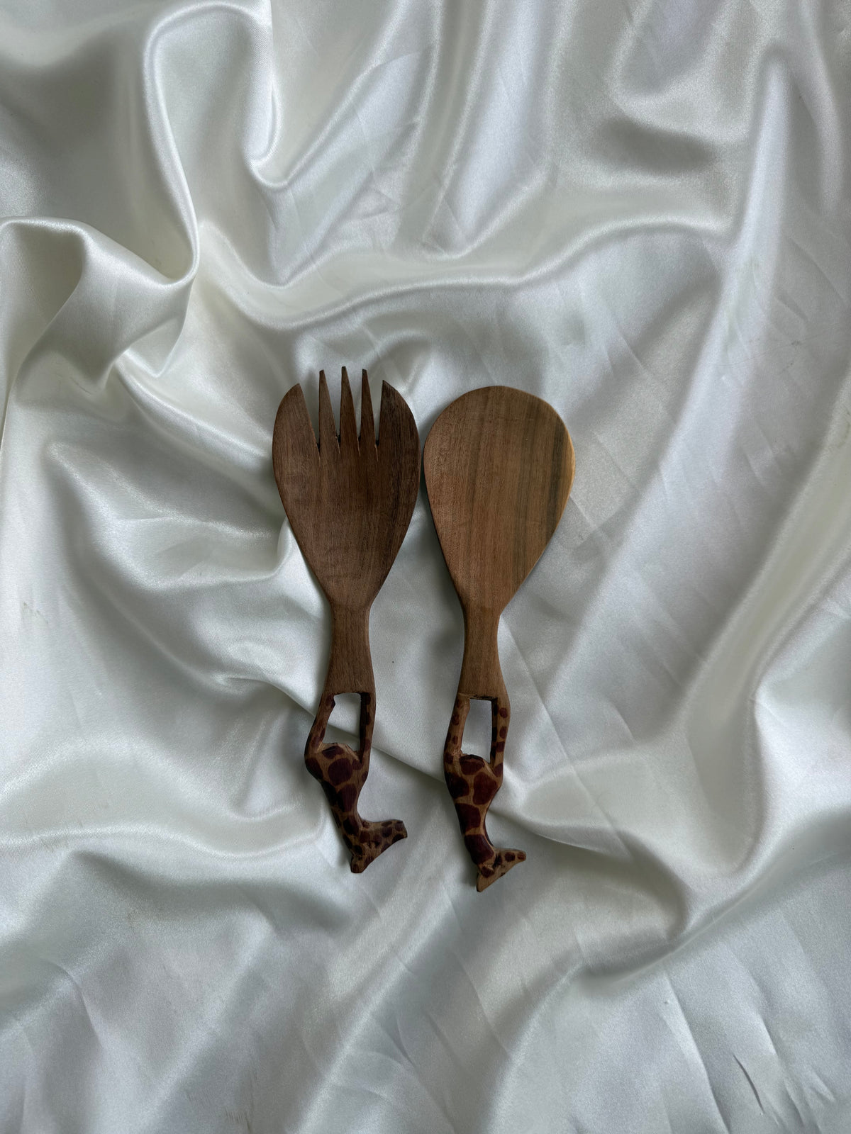 Vintage Hand-Carved Wooden Giraffe Salad Servers – Set of 2