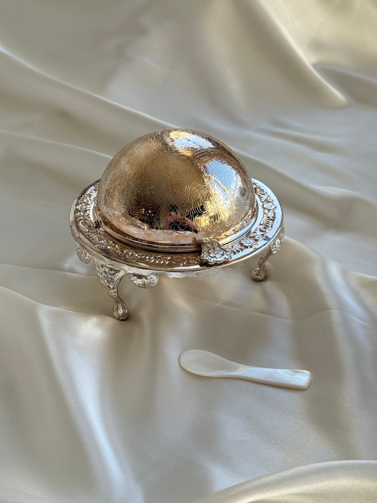 Vintage English Silver-Plated Caviar Server with Mother-of-Pearl Spoon