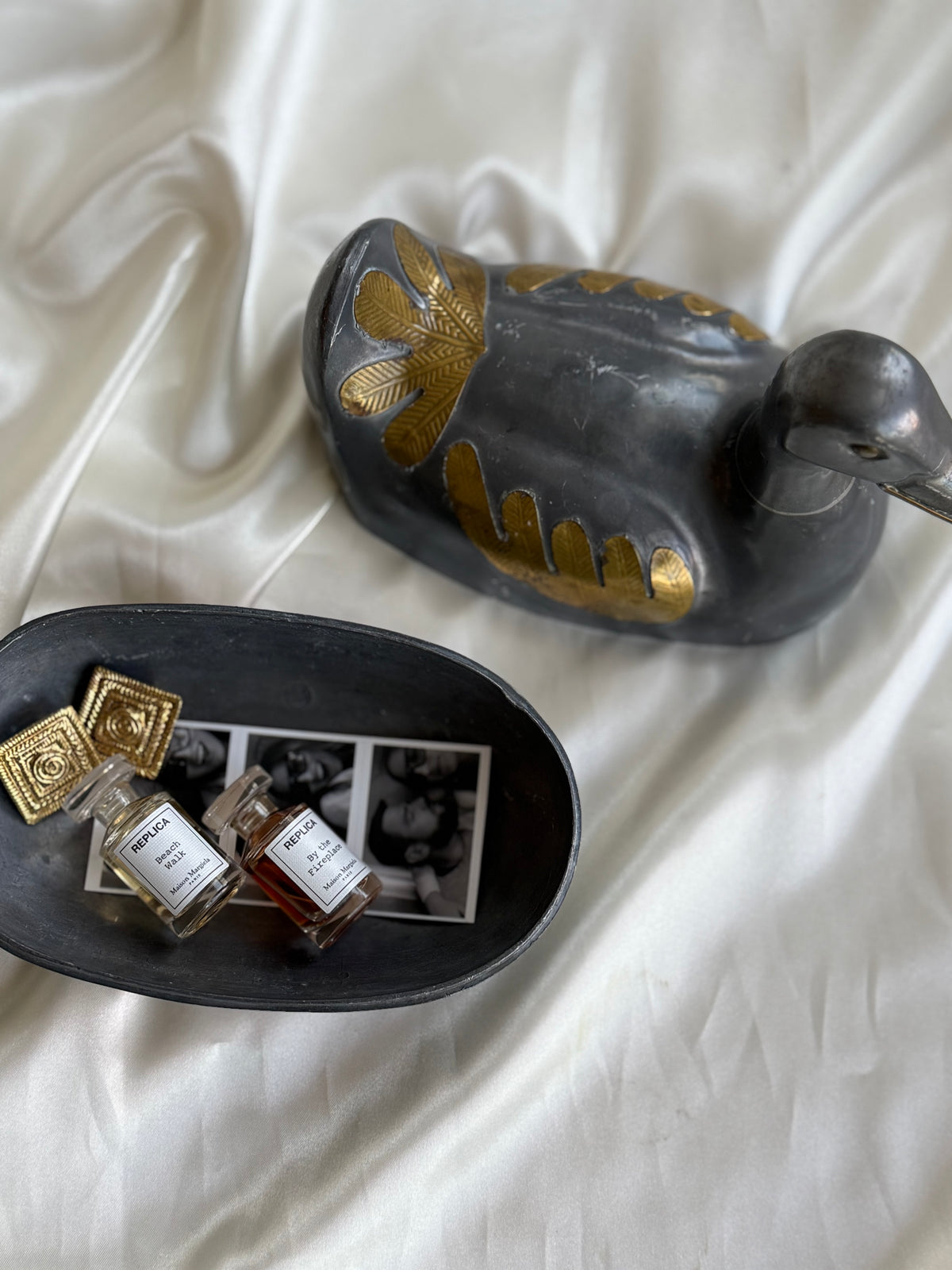 Vintage Pewter and Brass Duck-Shaped Trinket Box